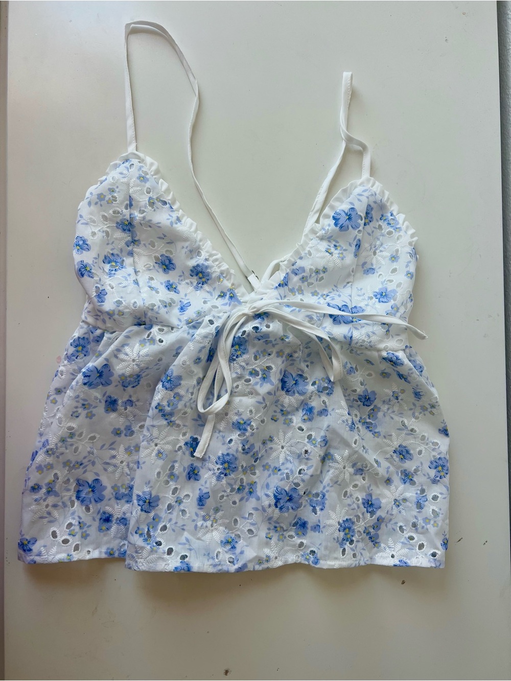 Floral Eyelet Tie-Front Cami Top - White/Blue